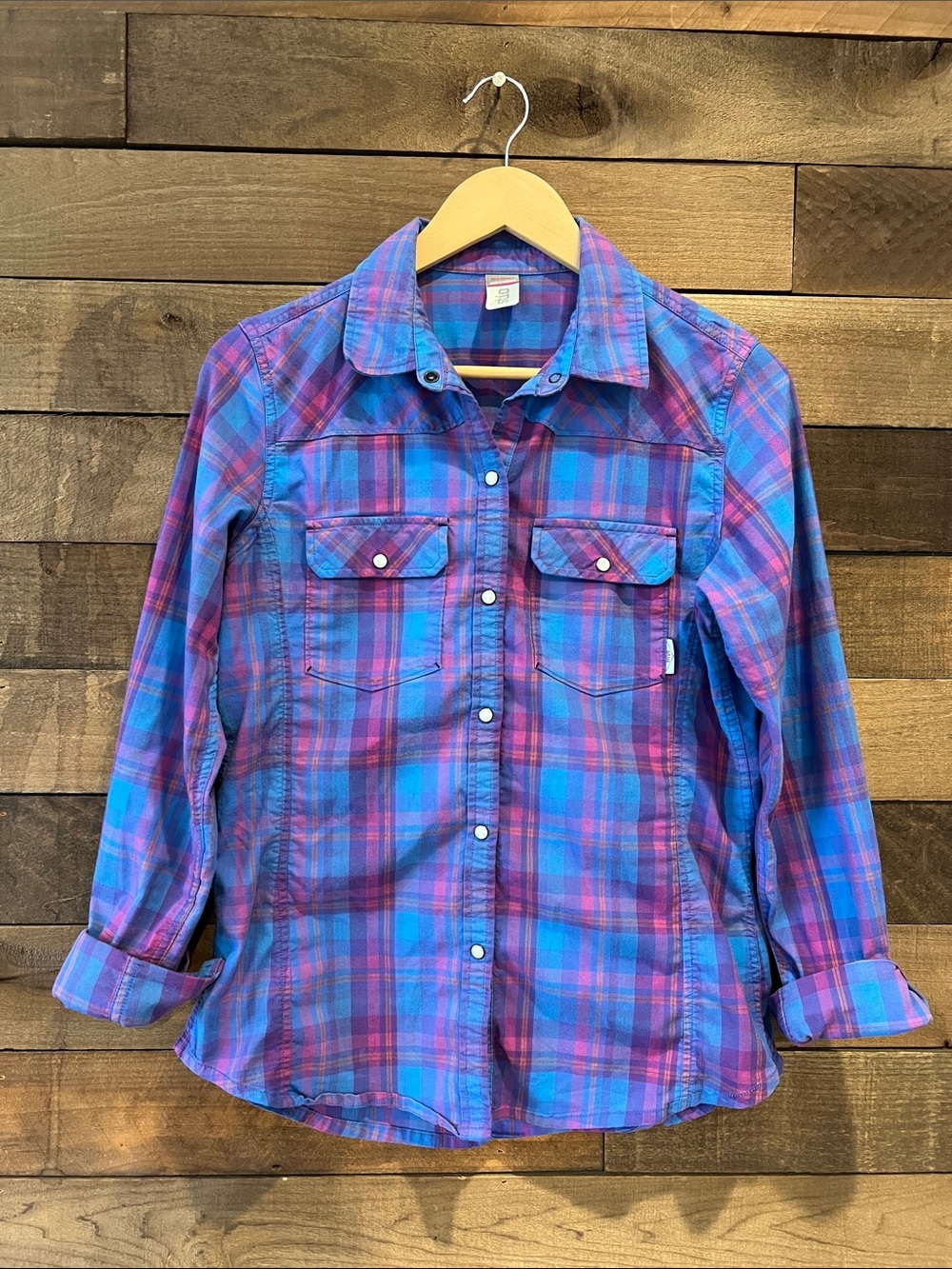 STIO Women's Esther High Tech Flannel Shirt in Blue & Purple Plaid Size Medium